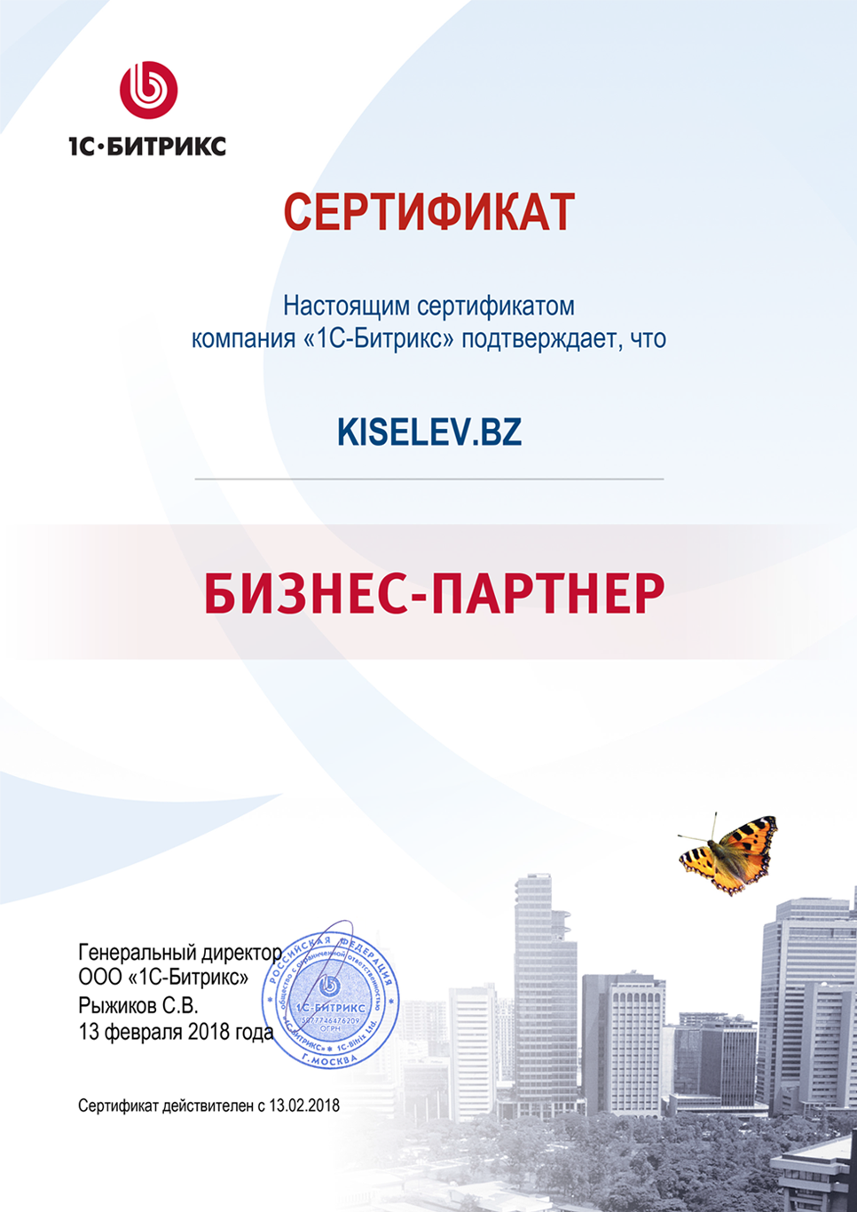 Сертификат партнёра по СРМ системам в Камызяке